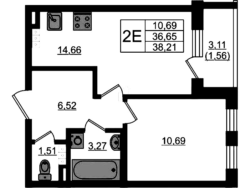 1-комнатная квартира 38.21 м², 4/4 эт., ЖК «Новая история»